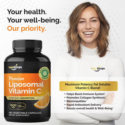 NutriPeeps Liposomal Vitamin C 1600mg -180 Capsules Fat Soluble VIT C Immune Boosting Supplement