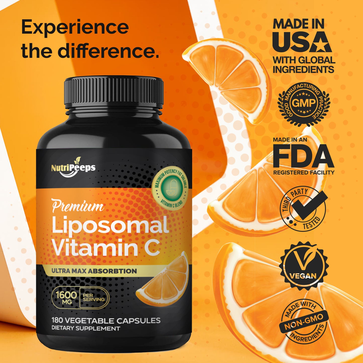 NutriPeeps Liposomal Vitamin C 1600mg -180 Capsules Fat Soluble VIT C Immune Boosting Supplement
