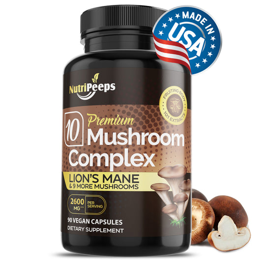 NutriPeeps Mushroom Complex 2600mg, 90 Capsules - 10 Mushrooms Blend - Lions Mane, Maitake, Shiitake, Reishi & More, Nootropic Supplement - Brain, Energy, Focus Pills