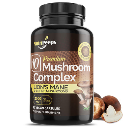 NutriPeeps Mushroom Complex 2600mg, 90 Capsules - 10 Mushrooms Blend - Lions Mane, Maitake, Shiitake, Reishi & More, Nootropic Supplement - Brain, Energy, Focus Pills