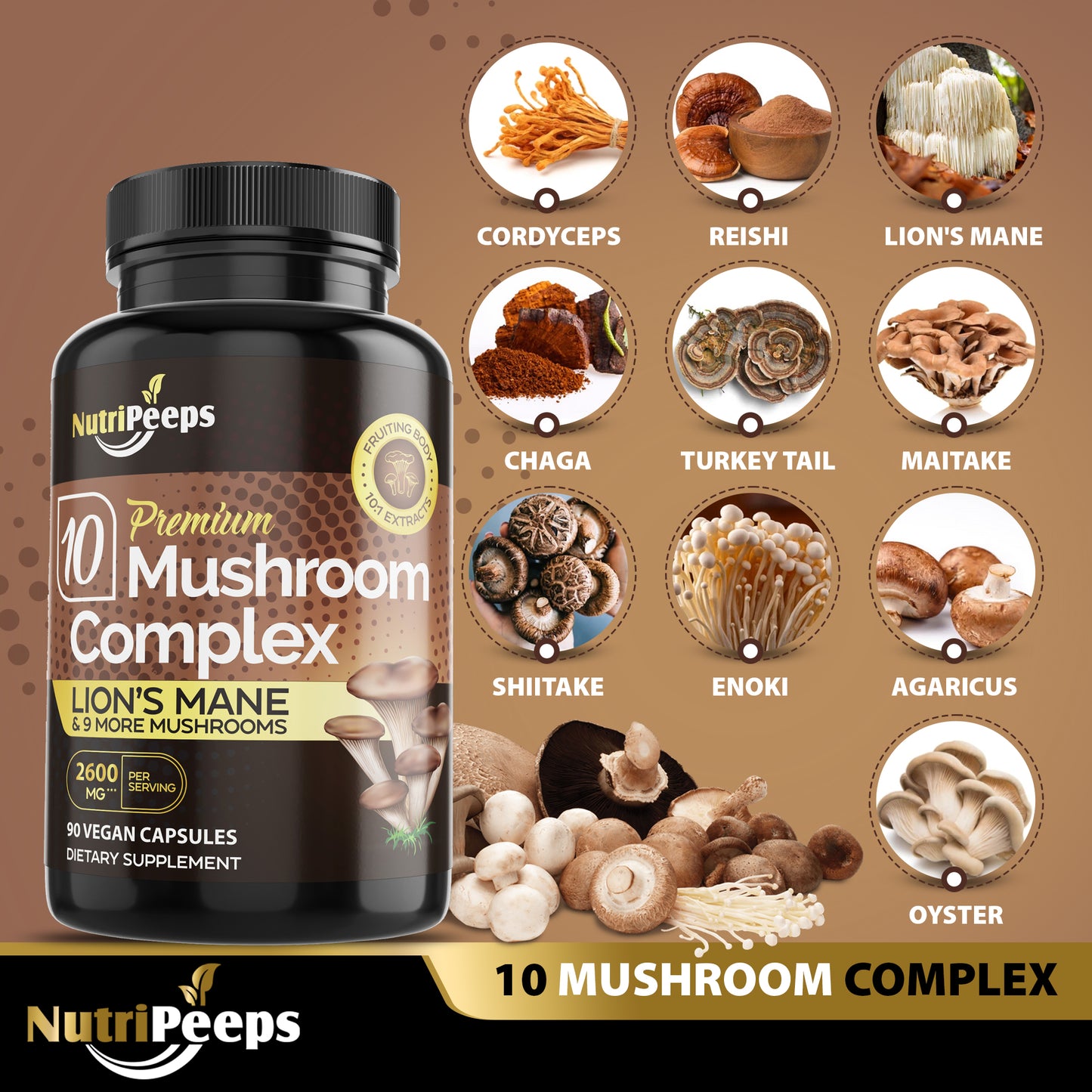 NutriPeeps Mushroom Complex 2600mg, 90 Capsules - 10 Mushrooms Blend - Lions Mane, Maitake, Shiitake, Reishi & More, Nootropic Supplement - Brain, Energy, Focus Pills