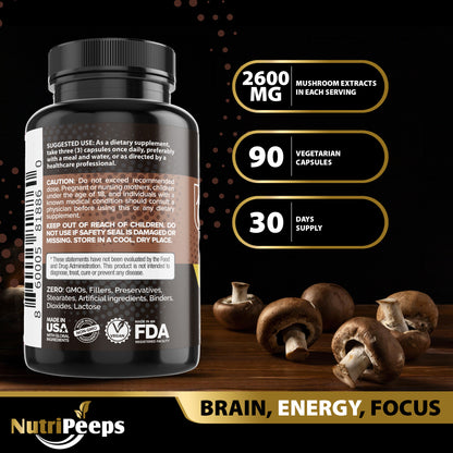 NutriPeeps Mushroom Complex 2600mg, 90 Capsules - 10 Mushrooms Blend - Lions Mane, Maitake, Shiitake, Reishi & More, Nootropic Supplement - Brain, Energy, Focus Pills