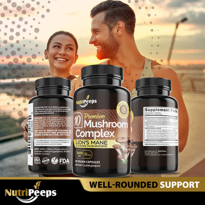 NutriPeeps Mushroom Complex 2600mg, 90 Capsules - 10 Mushrooms Blend - Lions Mane, Maitake, Shiitake, Reishi & More, Nootropic Supplement - Brain, Energy, Focus Pills