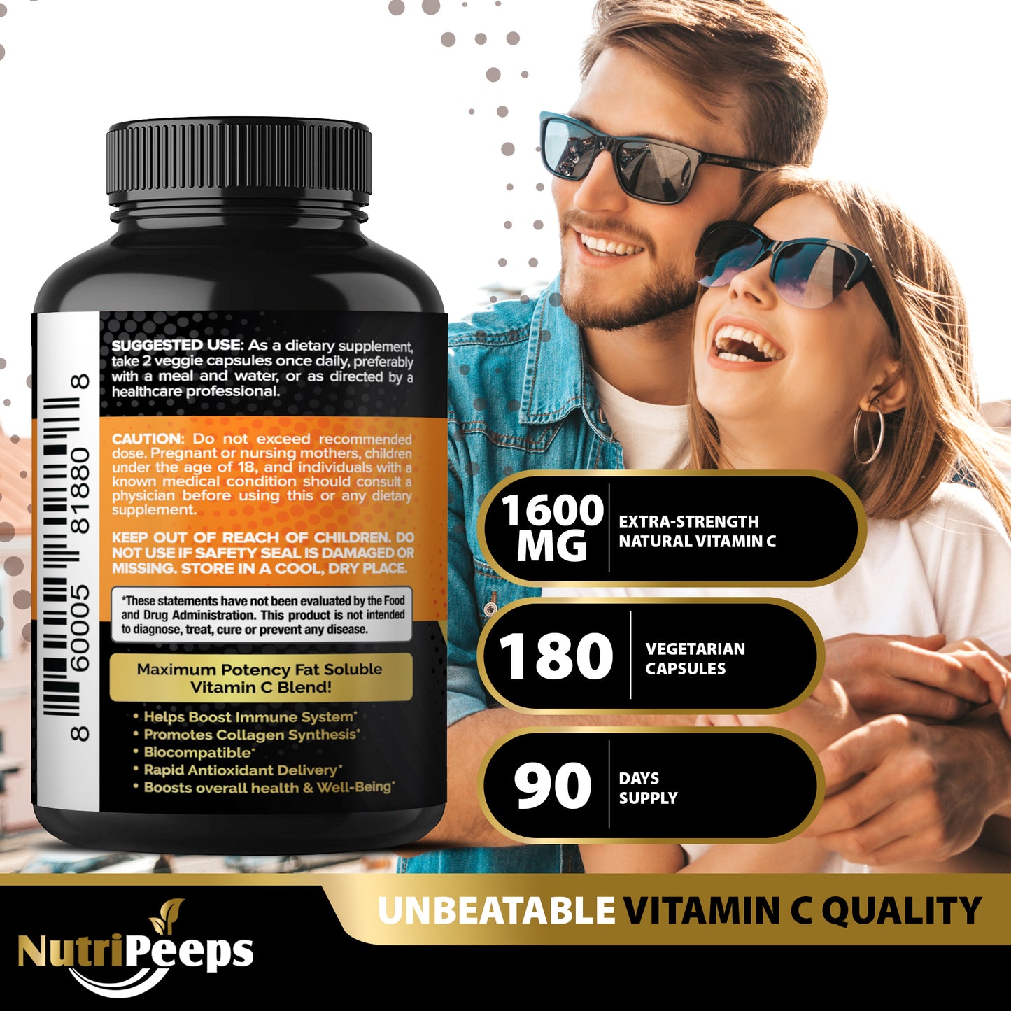 NutriPeeps Liposomal Vitamin C 1600mg -180 Capsules Fat Soluble VIT C Immune Boosting Supplement