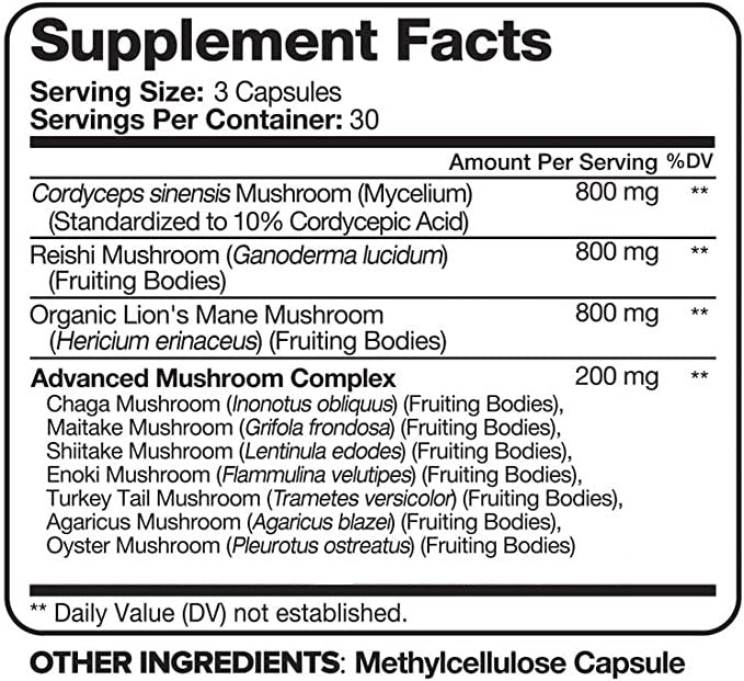 NutriPeeps Mushroom Complex 2600mg, 90 Capsules - 10 Mushrooms Blend - Lions Mane, Maitake, Shiitake, Reishi & More, Nootropic Supplement - Brain, Energy, Focus Pills