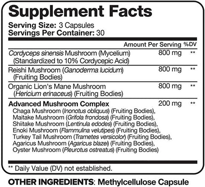 NutriPeeps Mushroom Complex 2600mg, 90 Capsules - 10 Mushrooms Blend - Lions Mane, Maitake, Shiitake, Reishi & More, Nootropic Supplement - Brain, Energy, Focus Pills