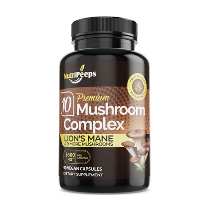 NutriPeeps Mushroom Complex 2600mg, 90 Capsules - 10 Mushrooms Blend - Lions Mane, Maitake, Shiitake, Reishi & More, Nootropic Supplement - Brain, Energy, Focus Pills