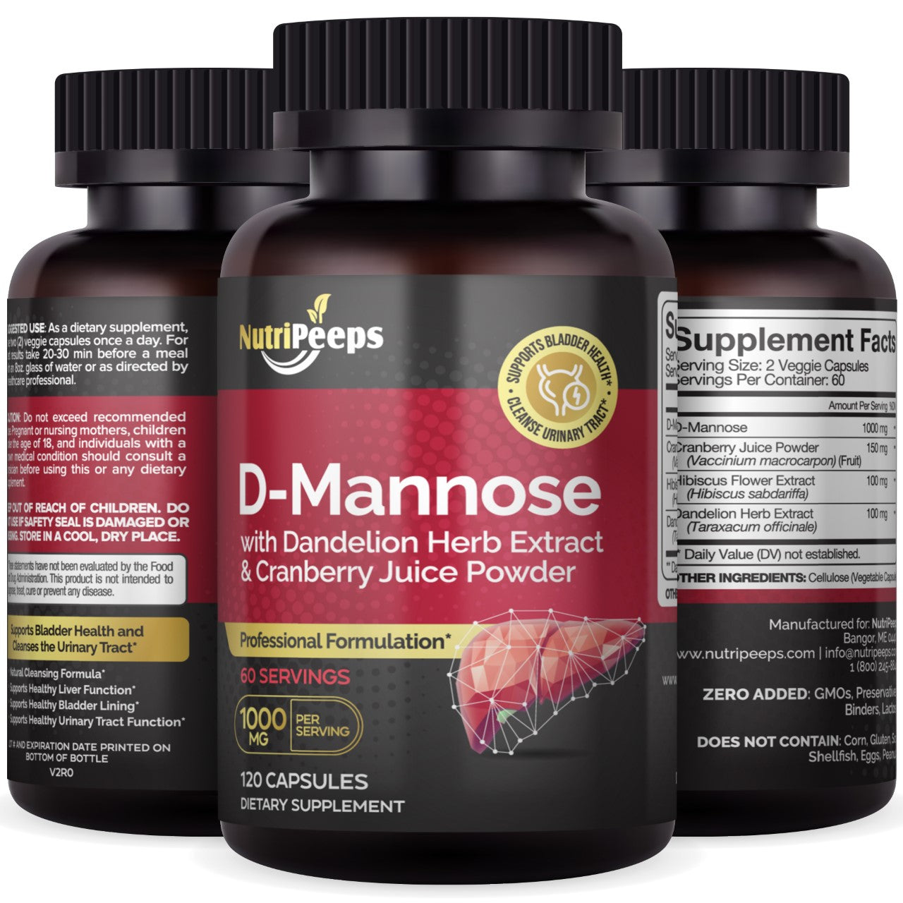 NutriPeeps D-Mannose 1000mg, 120 Caps, Cranberry & Dandelion Extract-UTI Support