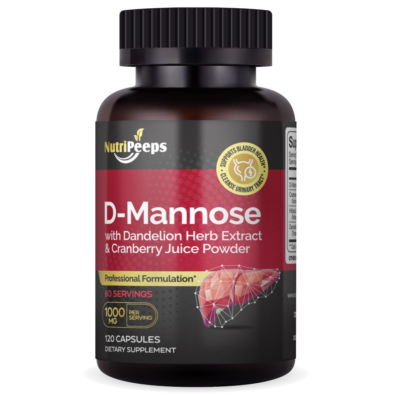 NutriPeeps D-Mannose 1000mg, 120 Caps, Cranberry & Dandelion Extract-UTI Support