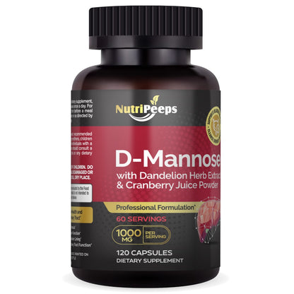 NutriPeeps D-Mannose 1000mg, 120 Caps, Cranberry & Dandelion Extract-UTI Support