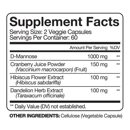 NutriPeeps D-Mannose 1000mg, 120 Caps, Cranberry & Dandelion Extract-UTI Support